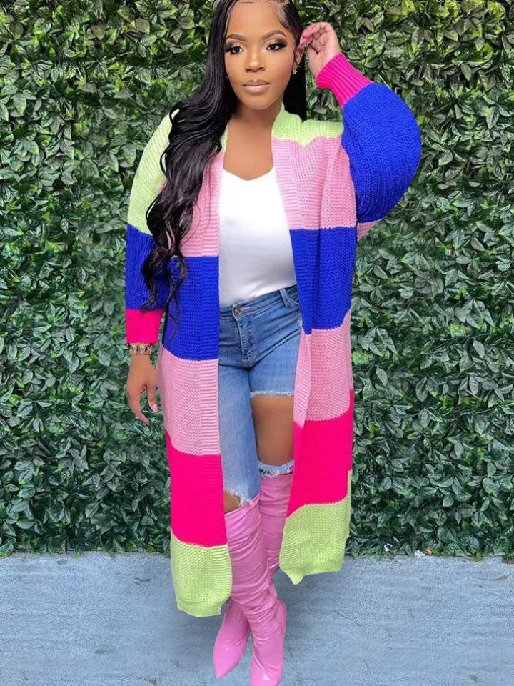 Knit Long Sleeve Color Block Bodycon Cardigan