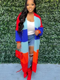 Knit Long Sleeve Color Block Bodycon Cardigan