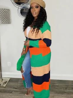 Knit Long Sleeve Color Block Bodycon Cardigan