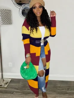 Knit Long Sleeve Color Block Bodycon Cardigan