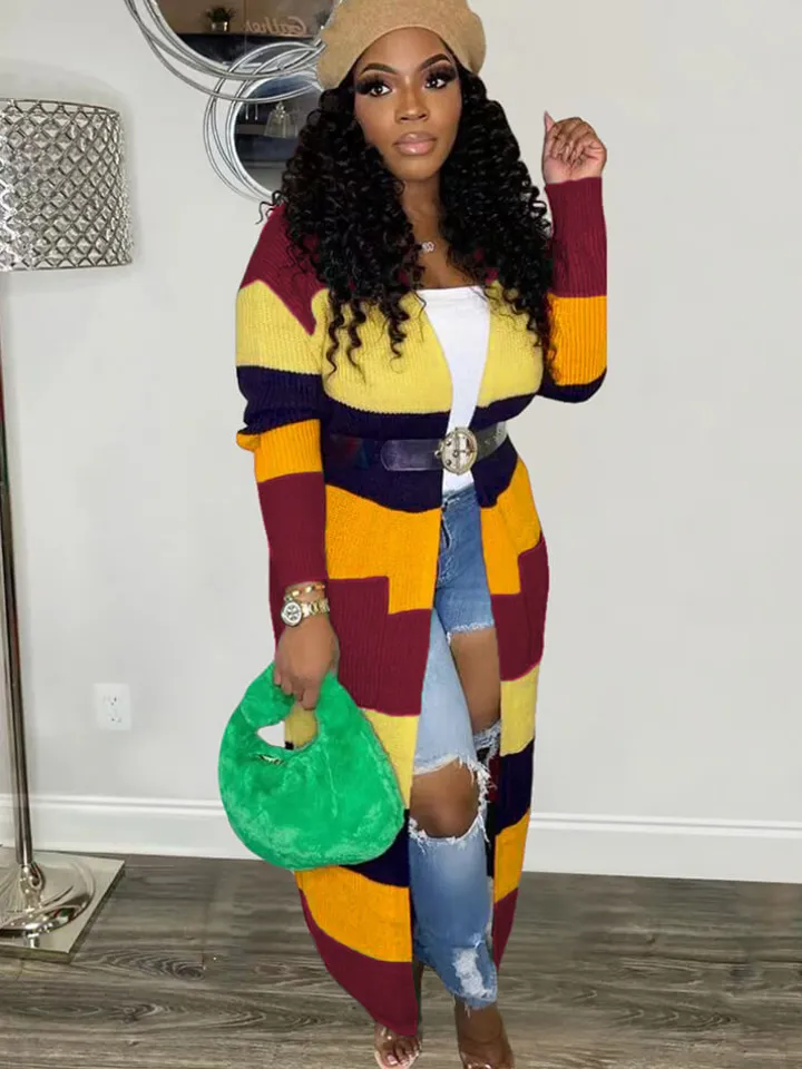 Knit Long Sleeve Color Block Bodycon Cardigan