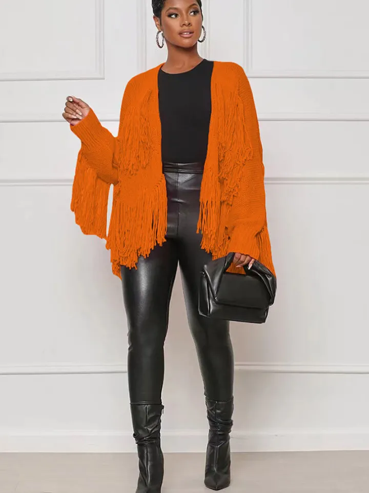 Knit Long Sleeve Tassel Ribbed Cardigan