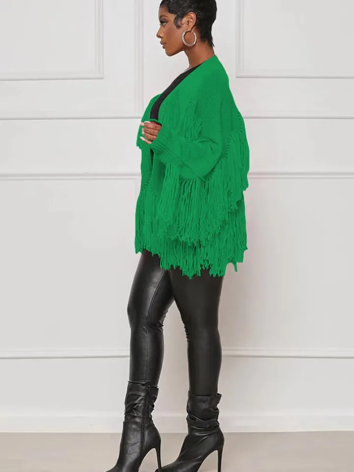 Knit Long Sleeve Tassel Ribbed Cardigan