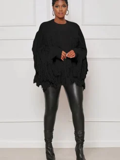 Knit Long Sleeve Tassel Ribbed Cardigan