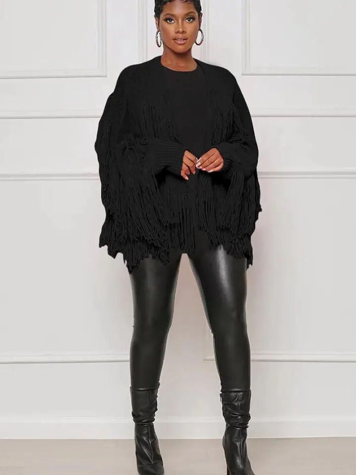 Knit Long Sleeve Tassel Ribbed Cardigan