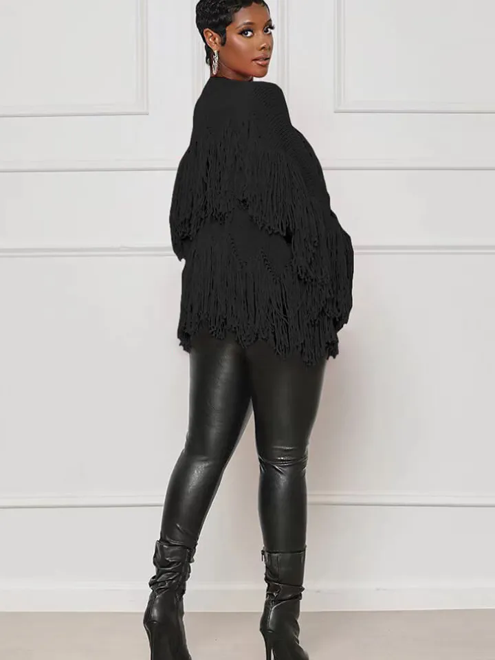 Knit Long Sleeve Tassel Ribbed Cardigan