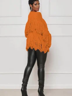 Knit Long Sleeve Tassel Ribbed Cardigan
