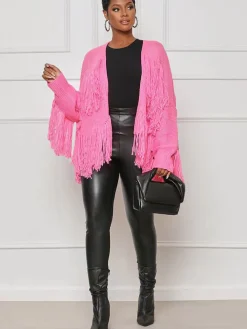 Knit Long Sleeve Tassel Ribbed Cardigan