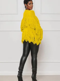 Knit Long Sleeve Tassel Ribbed Cardigan