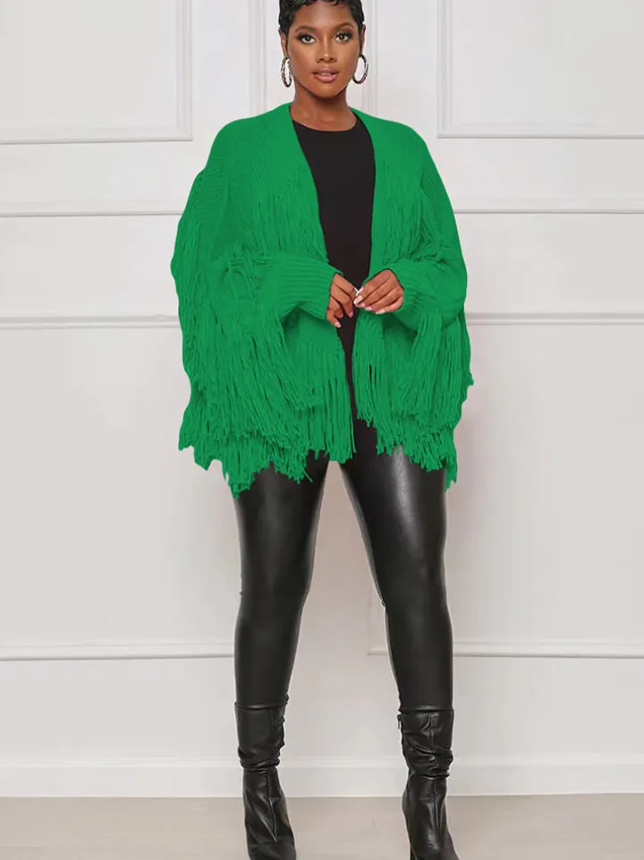 Knit Long Sleeve Tassel Ribbed Cardigan