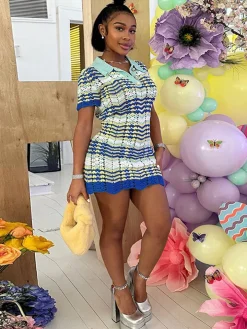 Knit Short Sleeve Color Block Mini Dress