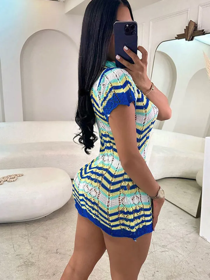 Knit Short Sleeve Color Block Mini Dress