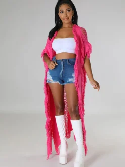 Knit Tassels Short Sleeves Long Cardigan
