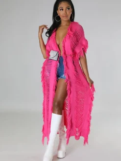 Knit Tassels Short Sleeves Long Cardigan