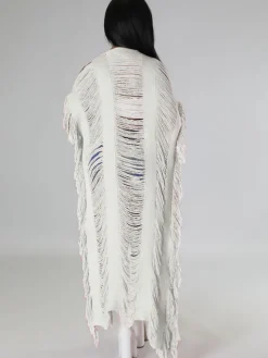 Knit Tassels Short Sleeves Long Cardigan