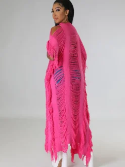 Knit Tassels Short Sleeves Long Cardigan