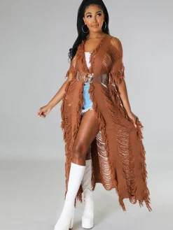 Knit Tassels Short Sleeves Long Cardigan