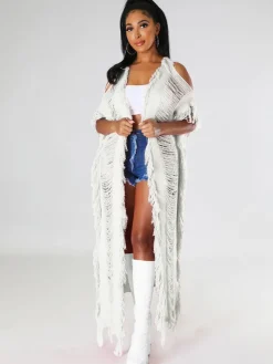 Knit Tassels Short Sleeves Long Cardigan