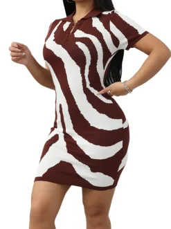 Knit V Neck Zebra Striped Mini Dress