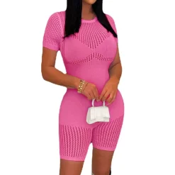 Knitted Crew neck Short Sleeve Jumpsuit