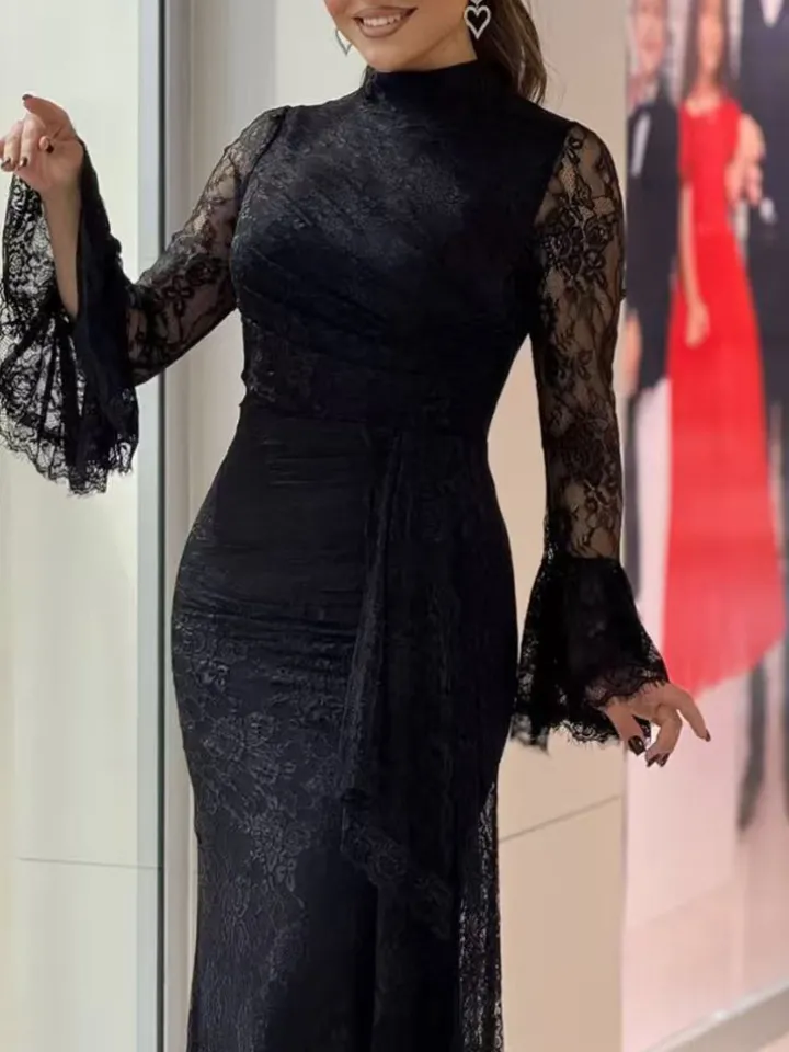 Lace Ruffle Flared Sleeve Maxi Dress