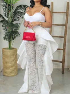 Lace Ruffle Trim Flared Pants