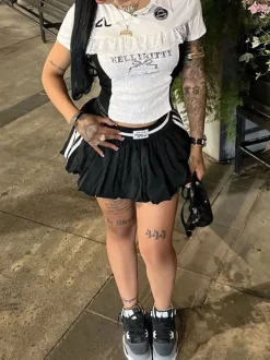 Lace Trim Letter Print Top Pleated Skirt Set