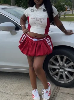 Lace Trim Letter Print Top Pleated Skirt Set