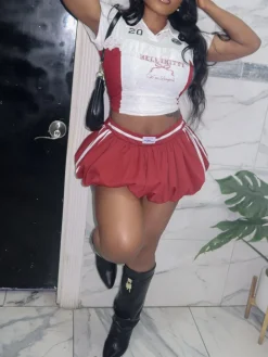 Lace Trim Letter Print Top Pleated Skirt Set