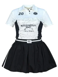 Lace Trim Letter Print Top Pleated Skirt Set