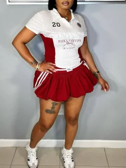 Lace Trim Letter Print Top Pleated Skirt Set