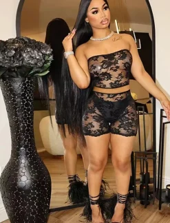 Lace Two Piece Tube Top and Bodycon Shorts