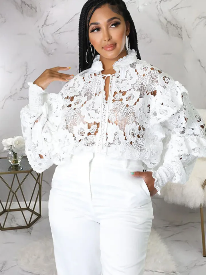 Lantern Sleeve Floral Hollow Out Top