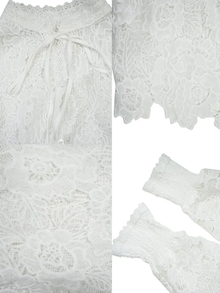 Lantern Sleeve Floral Hollow Out Top