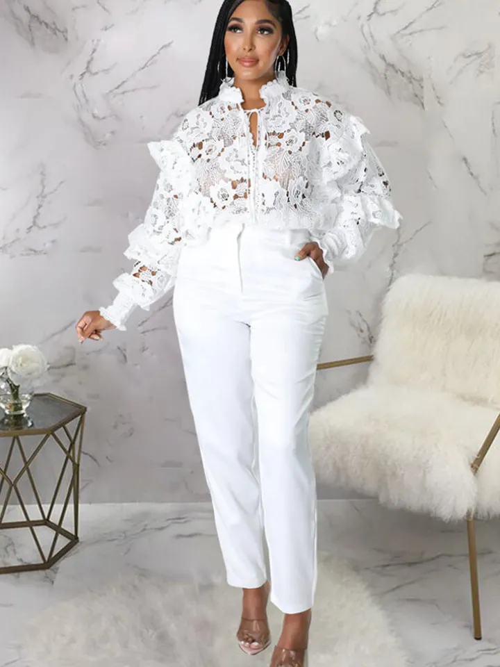 Lantern Sleeve Floral Hollow Out Top