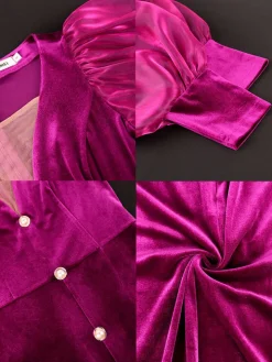 Lantern Sleeve Mesh Patchwork Split Midi Dress