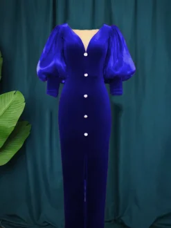 Lantern Sleeve Mesh Patchwork Split Midi Dress