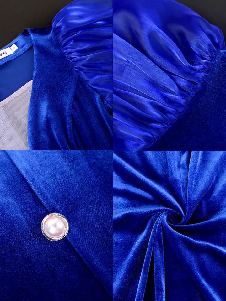 Lantern Sleeve Mesh Patchwork Split Midi Dress