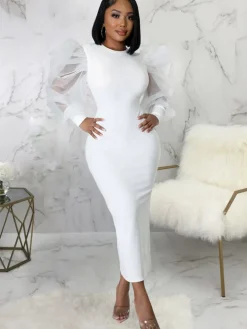 Lantern Sleeve Patchwork Bodycon Midi Dress