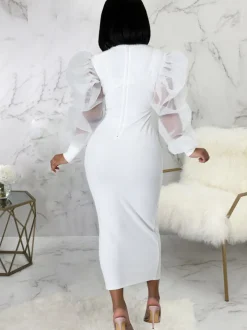 Lantern Sleeve Patchwork Bodycon Midi Dress