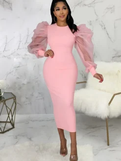 Lantern Sleeve Patchwork Bodycon Midi Dress