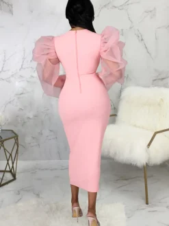 Lantern Sleeve Patchwork Bodycon Midi Dress