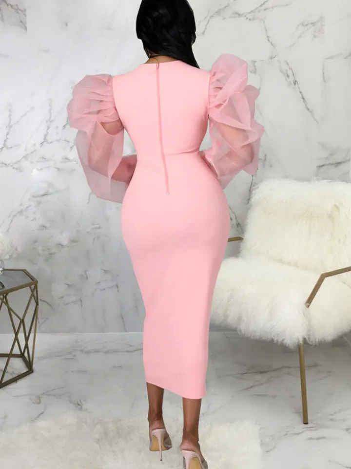 Lantern Sleeve Patchwork Bodycon Midi Dress