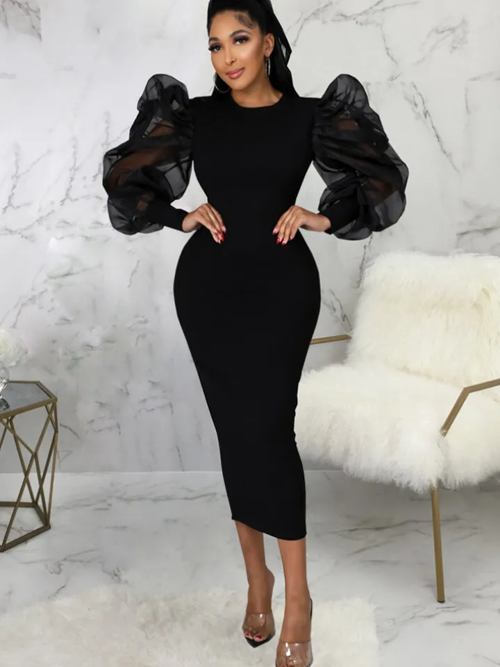 Lantern Sleeve Patchwork Bodycon Midi Dress