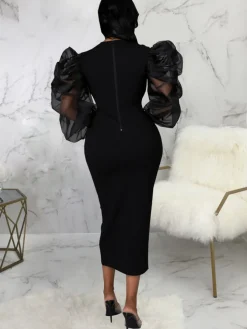 Lantern Sleeve Patchwork Bodycon Midi Dress