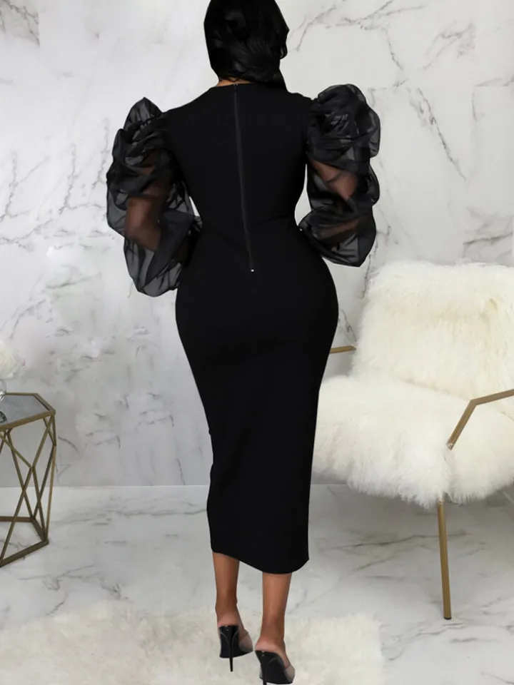 Lantern Sleeve Patchwork Bodycon Midi Dress