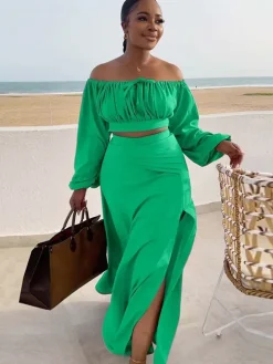 Lantern Sleeve Plus Size Two-Piece Set