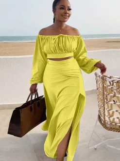 Lantern Sleeve Plus Size Two-Piece Set