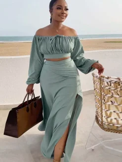 Lantern Sleeve Plus Size Two-Piece Set