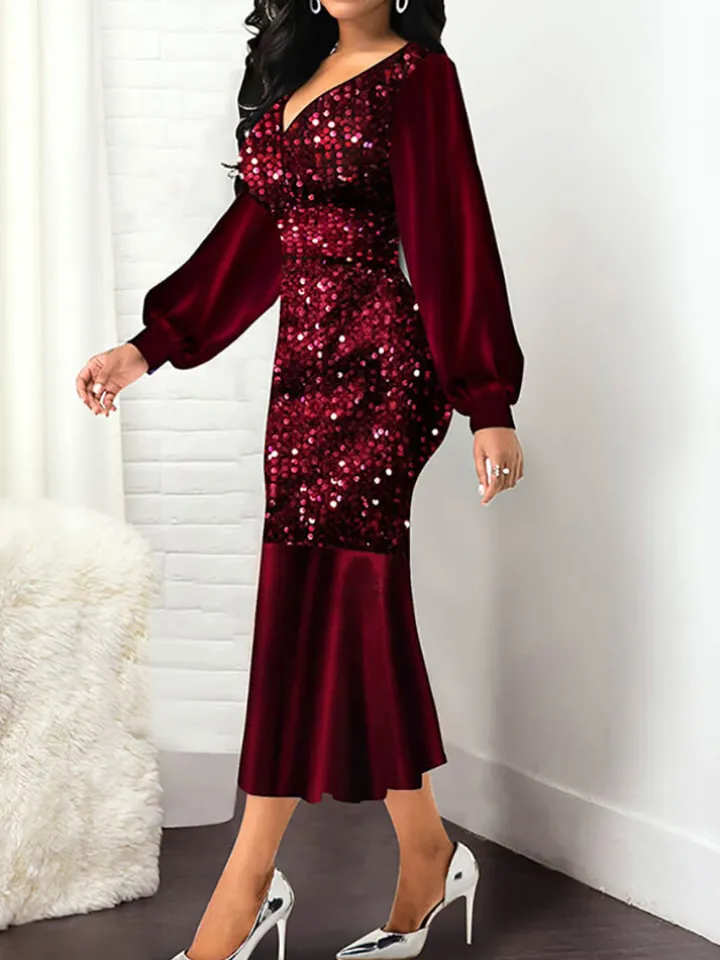 Lantern Sleeve Sequin Patchwork Midi Dress